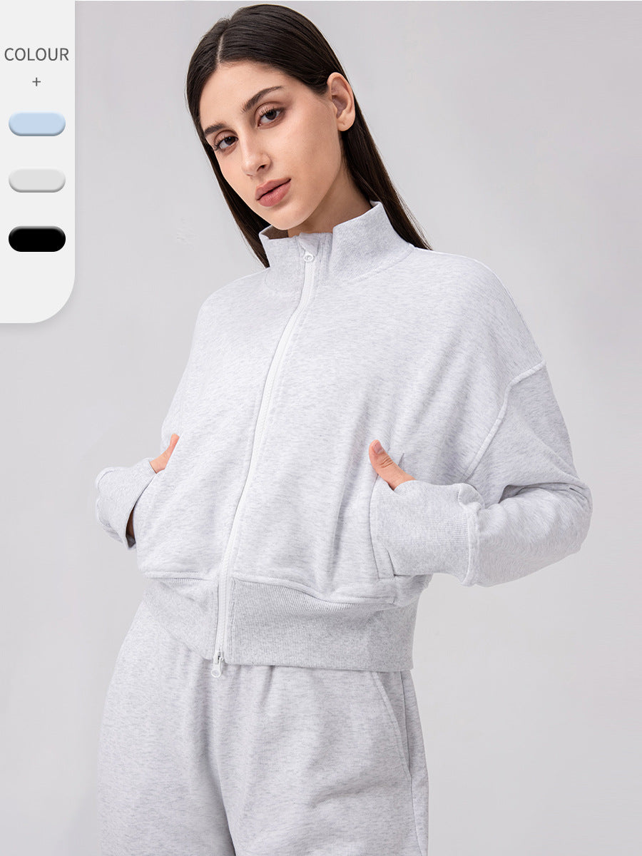 Women's Loose Stand Collar Zipper Sports Coat for Yoga and Running teemdrop