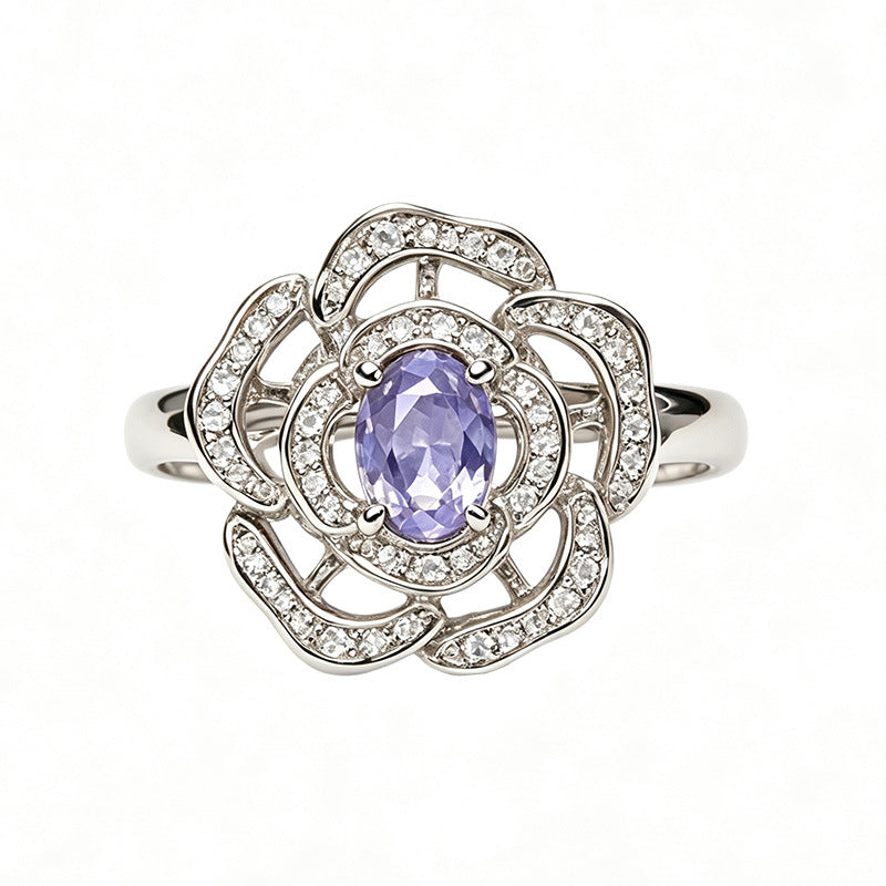 Silver Natural Birthstone Flower Vintage Adjustable Ring