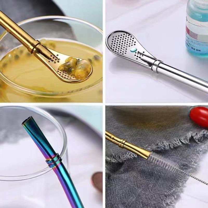 304 Stainless Steel Mesh Filter Straw Spoon with Built-in Strainer for Tea and Juice Mixing teemdrop