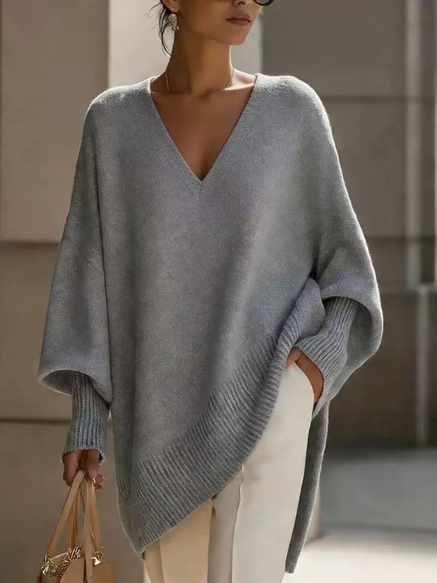 Solid-color long-sleeved V-neck relaxed style sweater for women, loose knitted top teemdrop