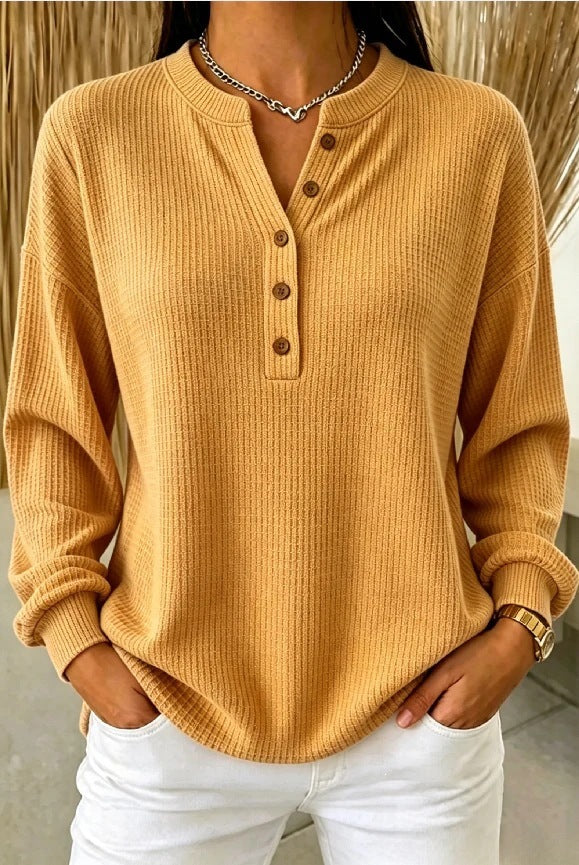 Women's Ribbed Knit Half-Button Henley Long Sleeve T-Shirt teemdrop