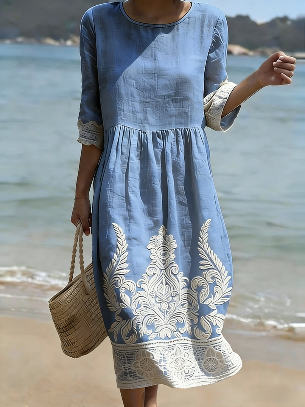 Women's floral print long-sleeved round-neck dress teemdrop