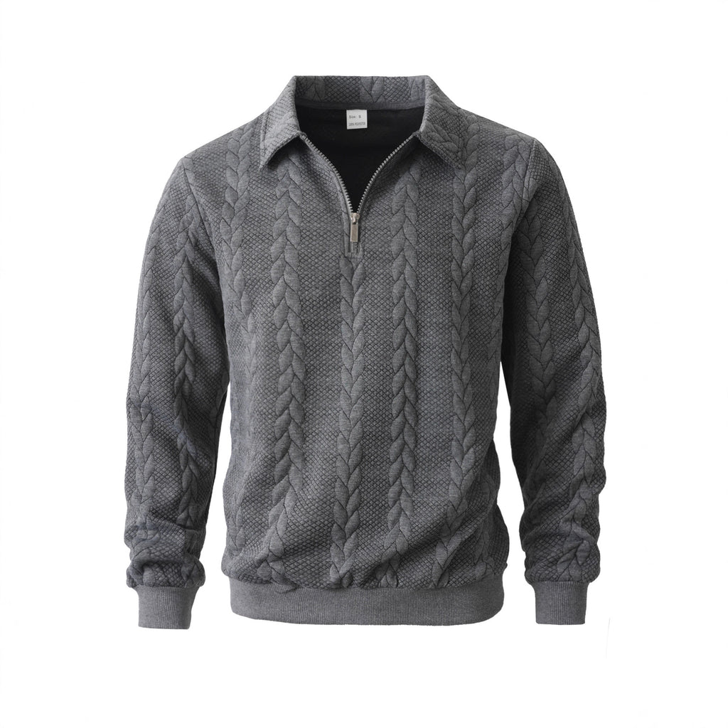 Men Jacquard Lapel Zip Up Jacket Casual Long Sleeve Sweatshirt teemdrop