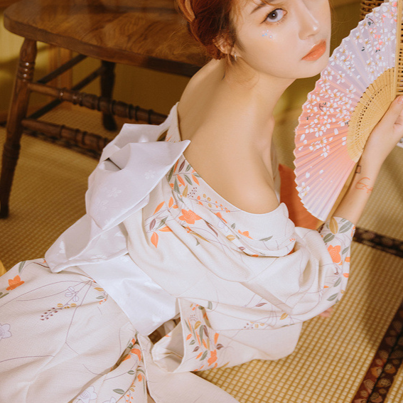 Womens Traditional Retro Japanese Camellia Print Kimono Dress with Girdle and Fan Headdress Set teemdrop