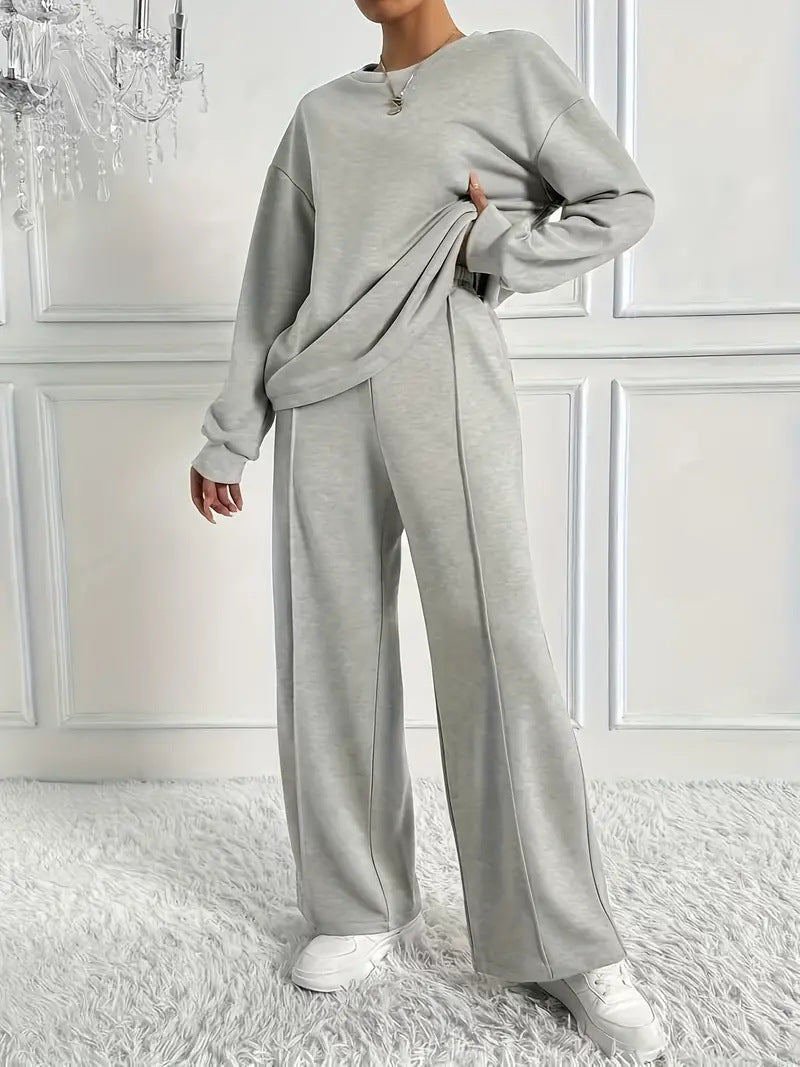 Women's Solid Color Round Neck Long Sleeve Pants Suit Casual Two-Piece Set teemdrop