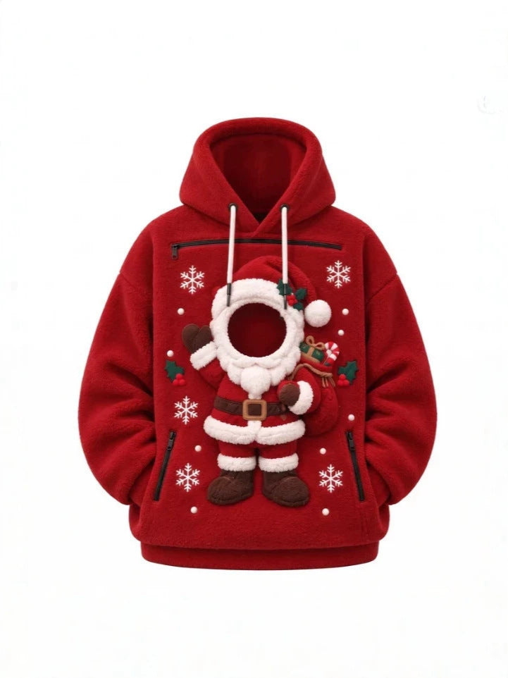 Mens Winter Warm Polar Fleece Lined Hoodie with 3D Printed Christmas Pattern and Zipper Pocket teemdrop