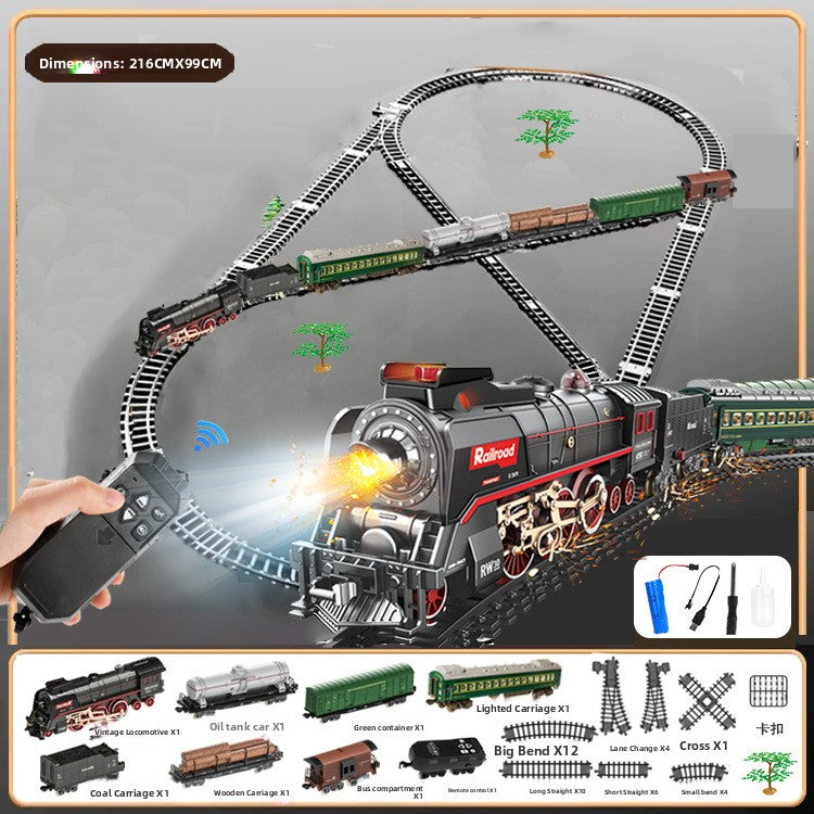Retro Steam Train Toy Model with Remote Control Light Sound and DIY Track Set