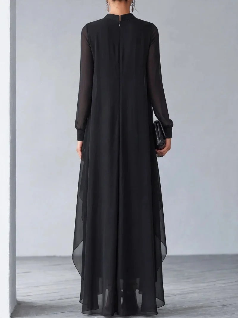 Women's Pleated Chiffon Long Dress Stand Collar Sheer Sleeve Ruffle Hem Fake Two-Piece Gown teemdrop