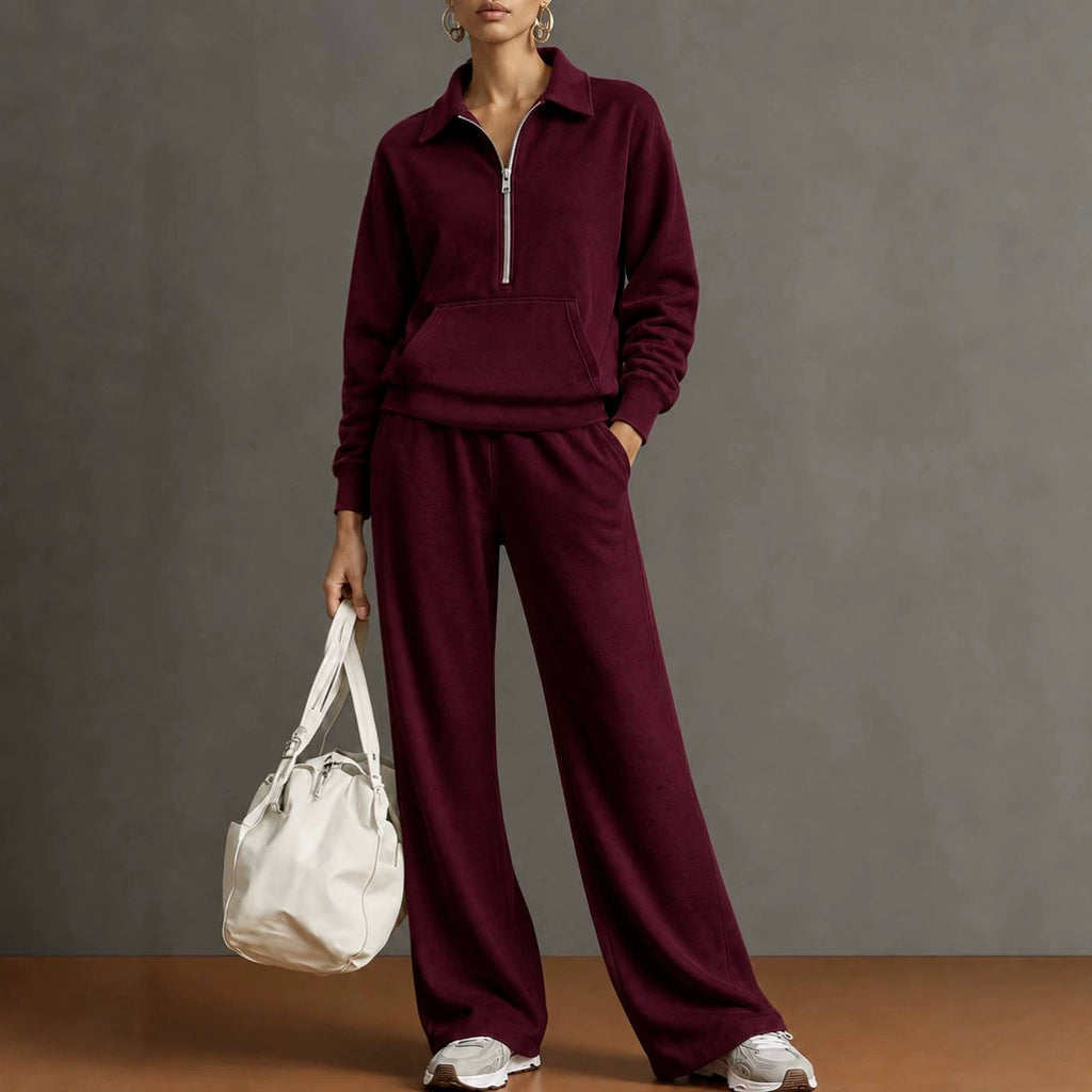 Women Two-Piece Half-Zip Sweatshirt and Wide-Leg Pants Set teemdrop
