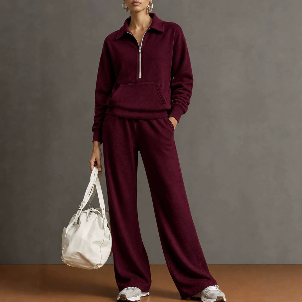 Women Two-Piece Half-Zip Sweatshirt and Wide-Leg Pants Set teemdrop