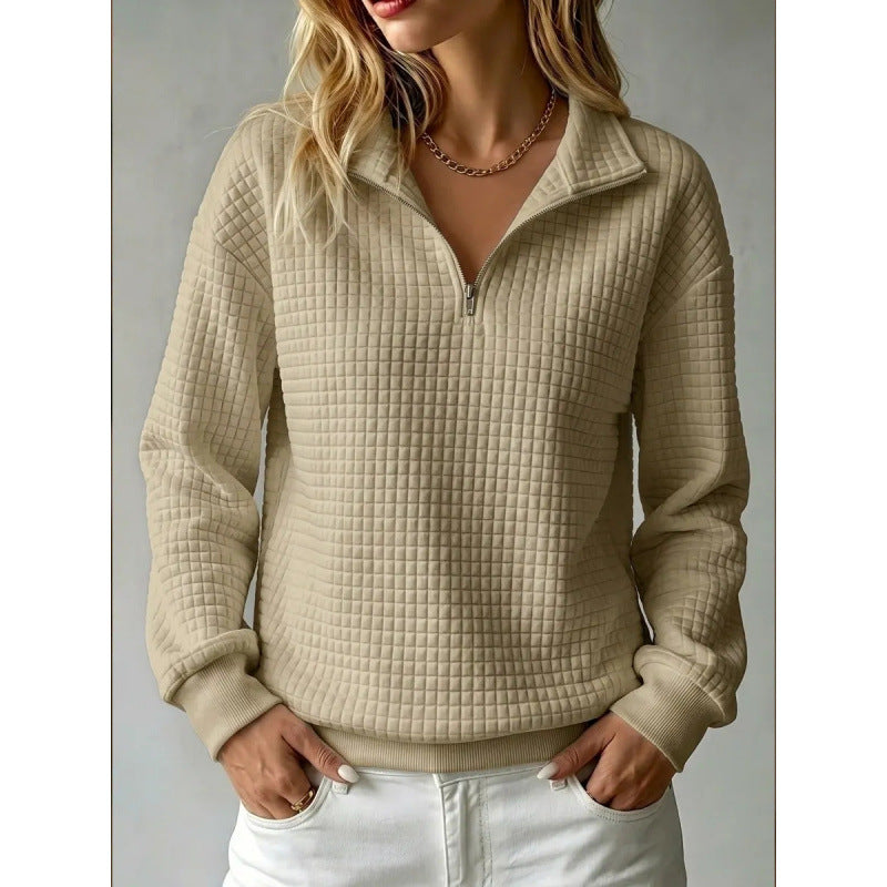 Women's Solid Color Waffle Knit Stand Collar Zipper Long Sleeve Loose Sweatshirt teemdrop