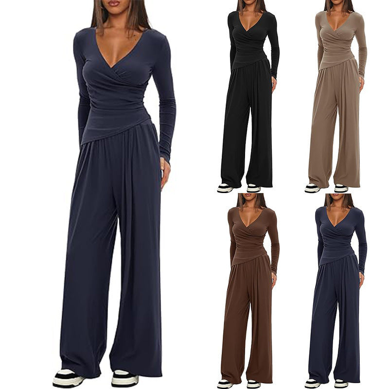 Women's Solid Color Knit V-Neck Long Sleeve Top and Wide Leg Pants Two-Piece Set teemdrop