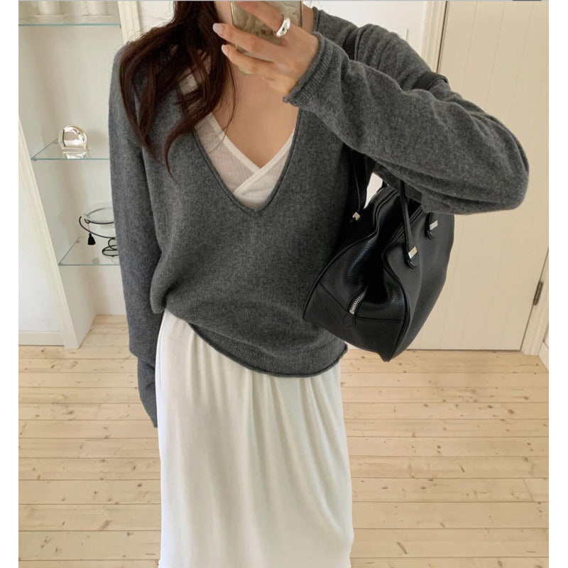 Women V-Neck Long Sleeve Solid Casual Knit Sweater teemdrop