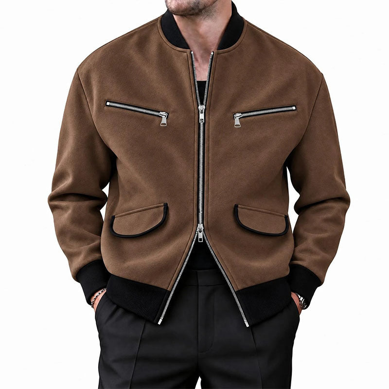 Men's Stand Collar Zipper Jacket Solid Color Casual Long Sleeve Outerwear teemdrop
