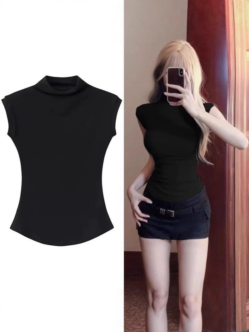 Women's Asymmetrical Half-Turtleneck Short Top Summer Sleeveless Slim Fit Solid Color teemdrop