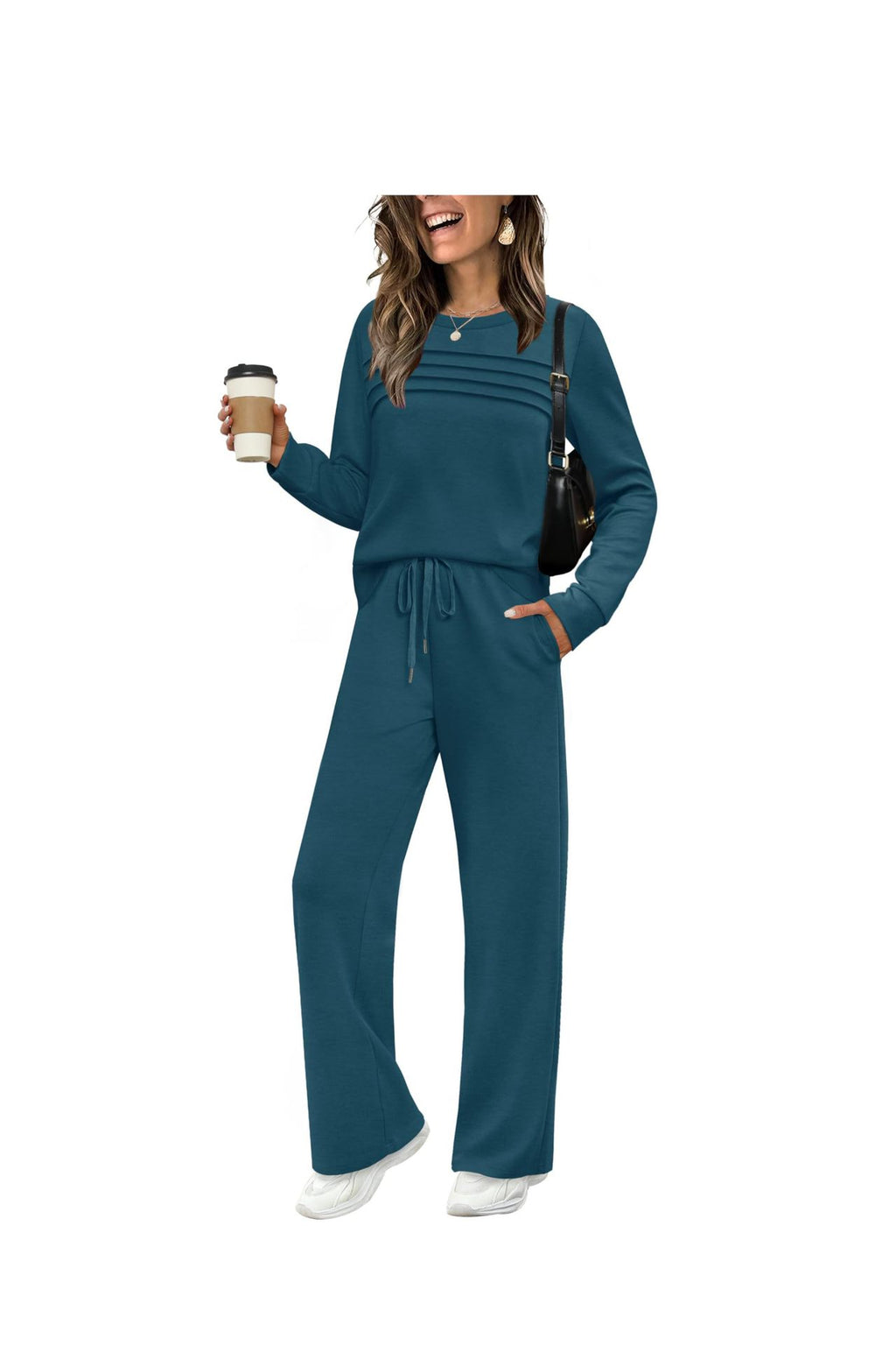 Women's Solid Color Two-Piece Set Pleated Sweatshirt and Wide-Leg Trousers Casual Knit Suit teemdrop