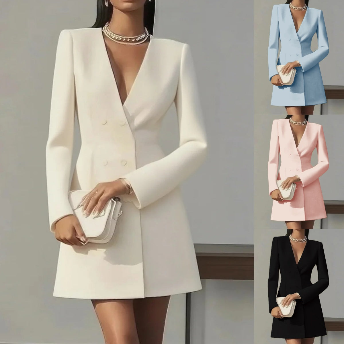 Women's Long-Sleeve Double-Breasted V-Neck Polyester Dress teemdrop