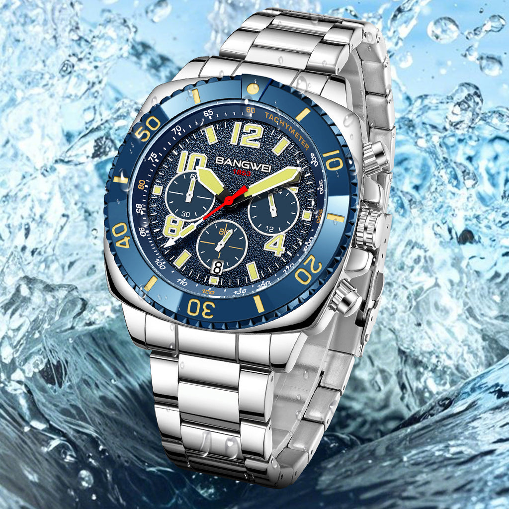 Men's Multifunction Chronograph Calendar Luminous Waterproof Stainless Steel Quartz Watch teemdrop