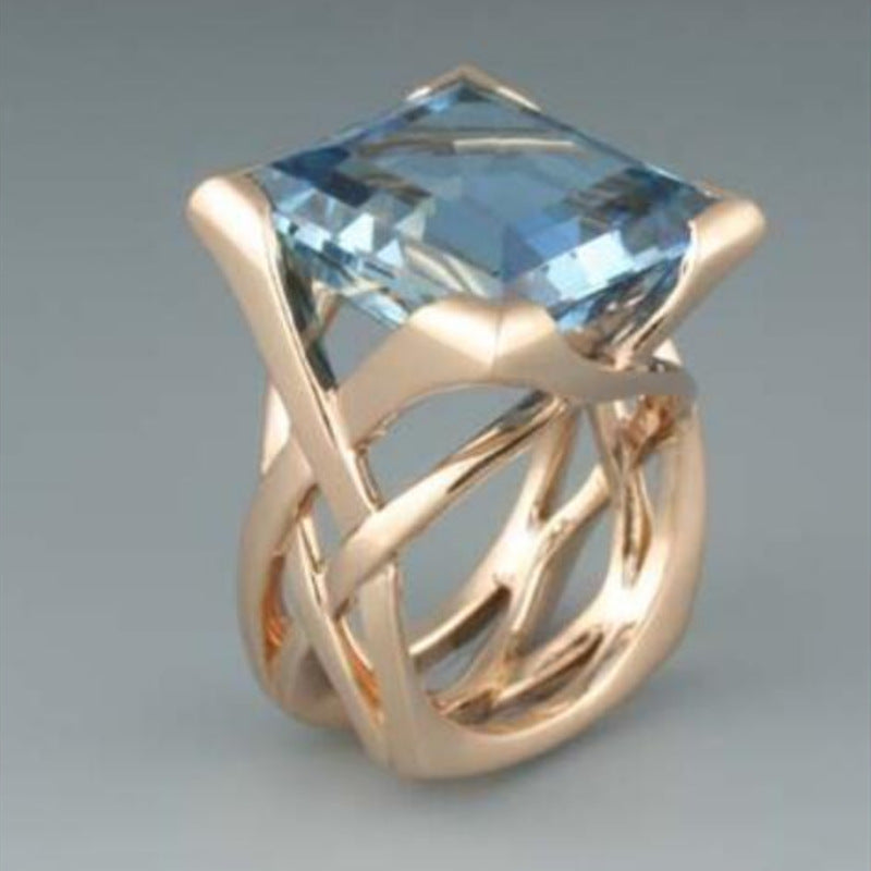 Gold Hollow Geometric Ring with Square Blue Zircon Inlay for Unisex