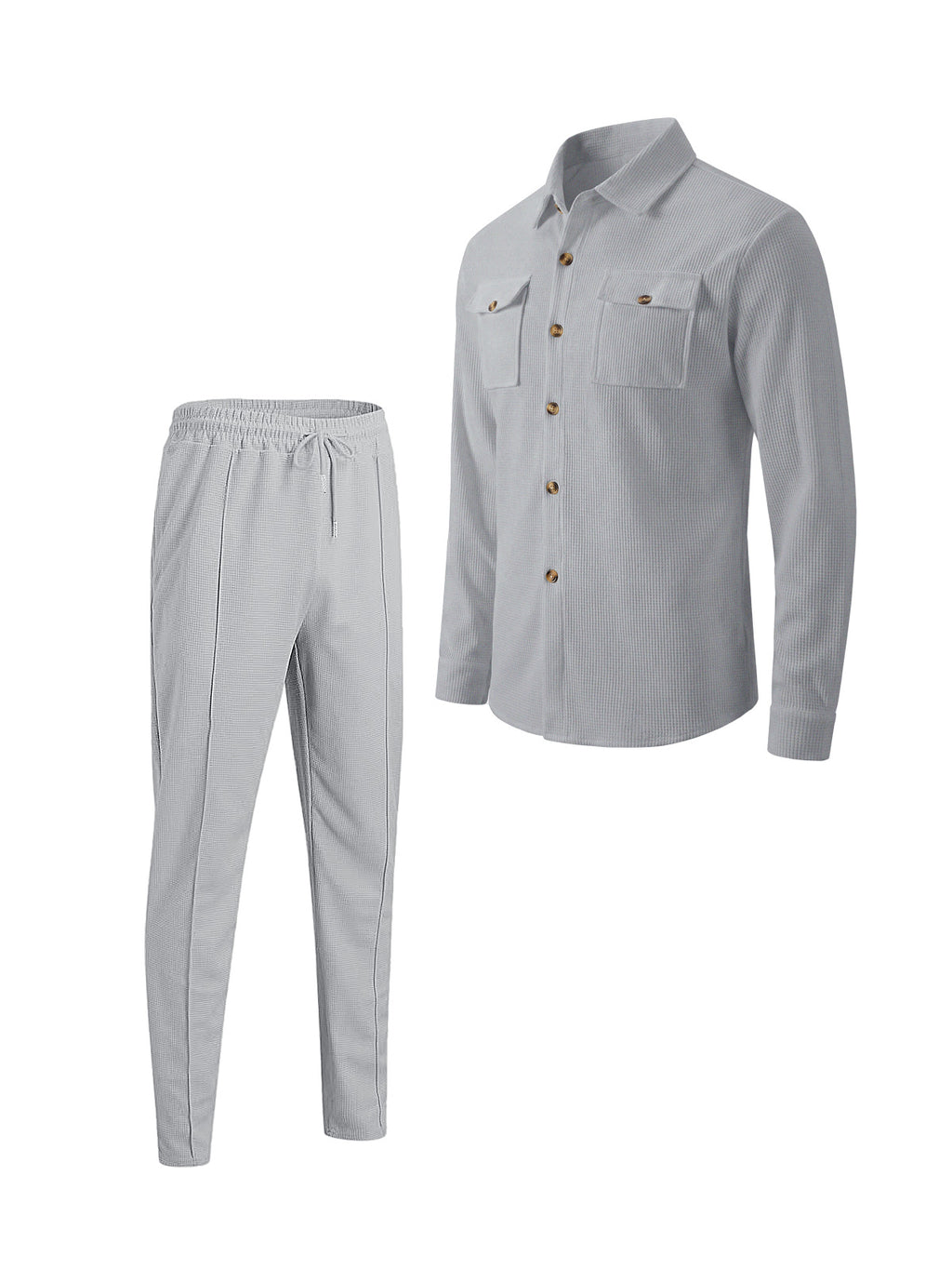 Men's Casual Waffle Solid Color Track Suit Long Sleeve Lapel Jacket and Pants Two-Piece Set teemdrop