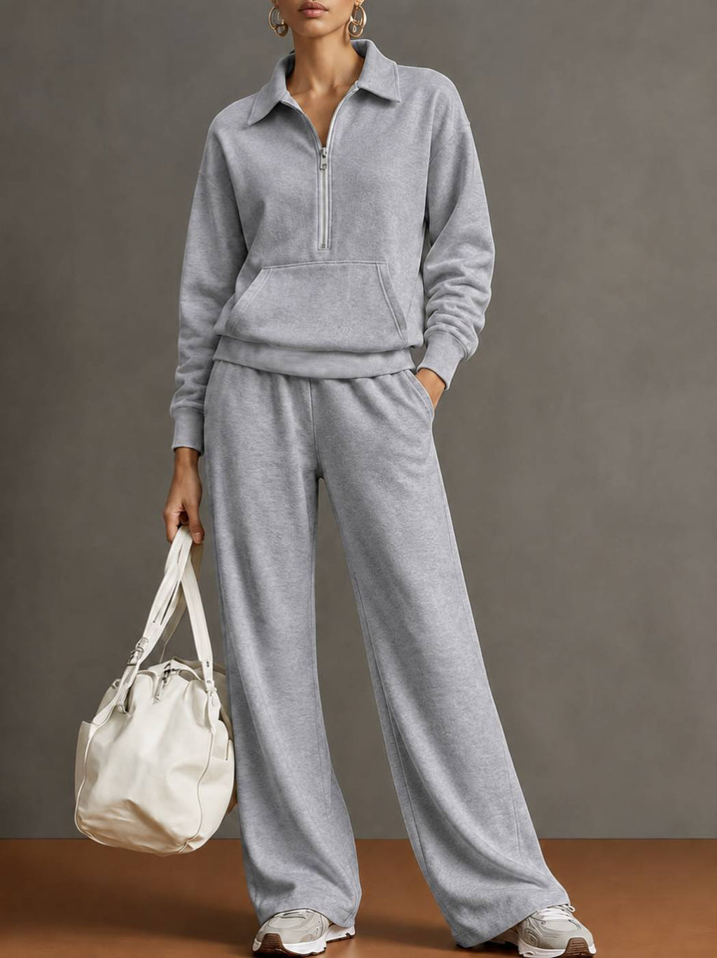 Women Two-Piece Half-Zip Sweatshirt and Wide-Leg Pants Set teemdrop