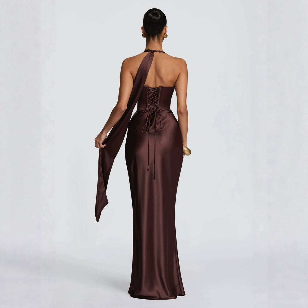 Fashion Elegant Satin Halter Neck Ribbon Backless Cross-Tie Floor-Length Fishtail Gown Dress teemdrop