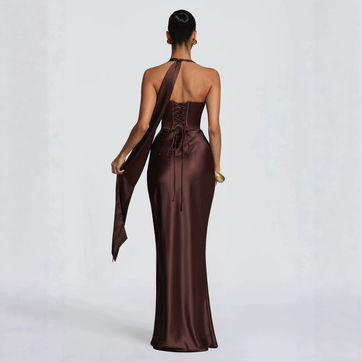 Fashion Elegant Satin Halter Neck Ribbon Backless Cross-Tie Floor-Length Fishtail Gown Dress teemdrop