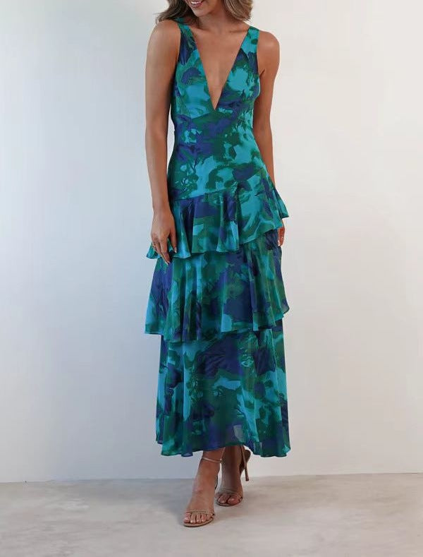 Women's Summer Floral Printed V-Neck Sleeveless A-Line Long Dress teemdrop