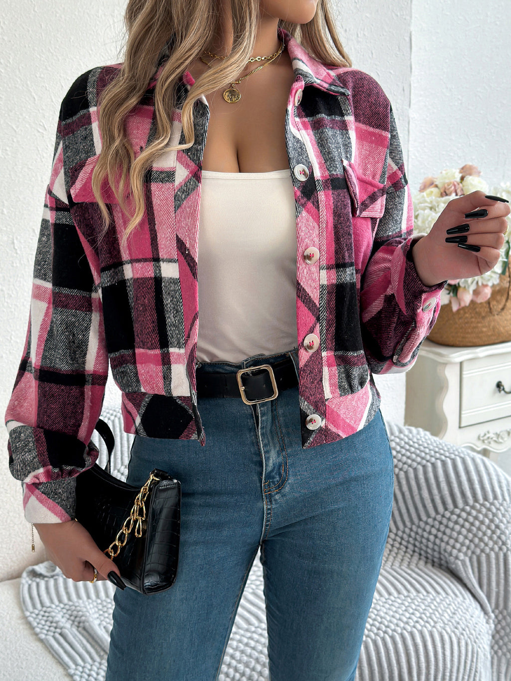 Women's Plaid Long Sleeve Lapel Woolen Jacket with Button Closure teemdrop