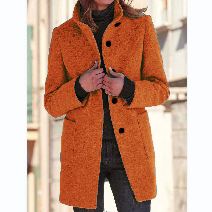 Womens Retro Solid Color Buttoned Stand Collar Coats