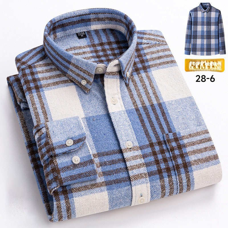 Men's 100% Cotton Thickened Brushed Plaid Long Sleeve Button Down Shirt