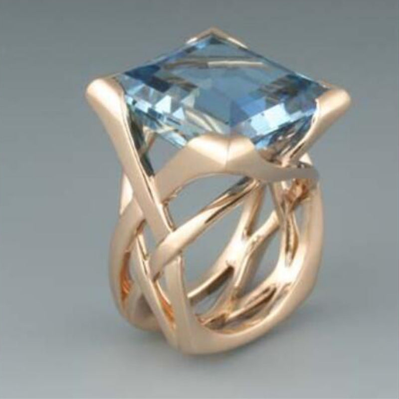 Gold Hollow Geometric Ring with Square Blue Zircon Inlay for Unisex