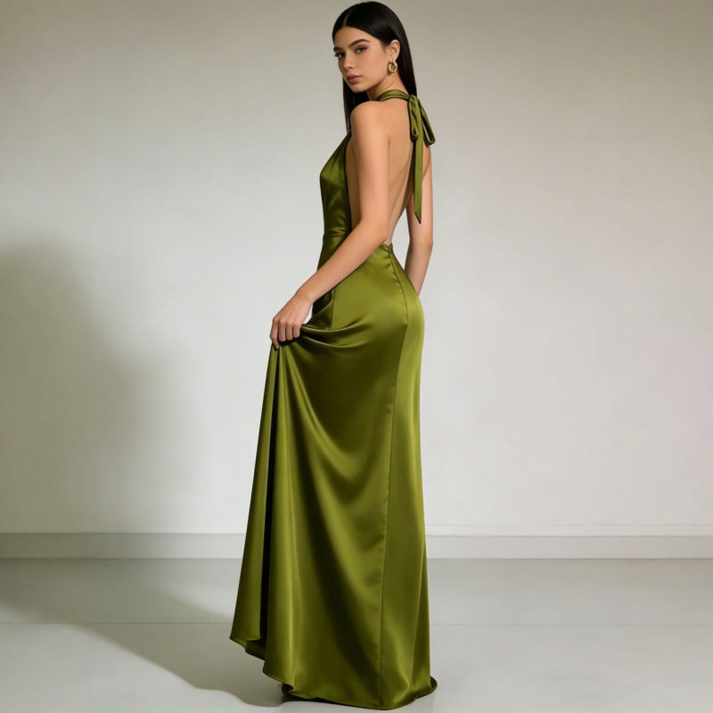 Women's Satin Halter Neck Backless Floor Length Evening Dress teemdrop