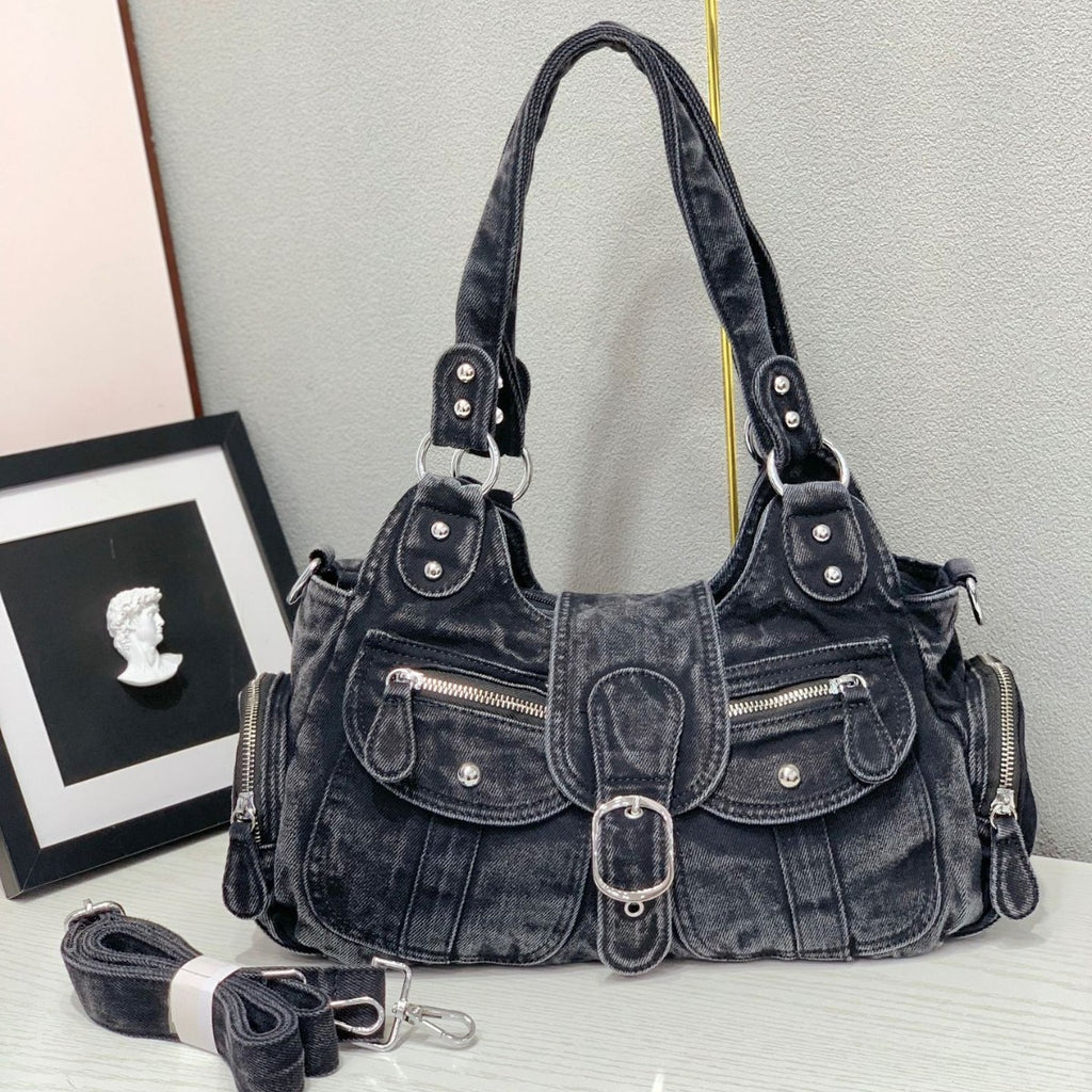 Vintage Washed Denim Underarm Crossbody Bag Large Capacity Tote teemdrop