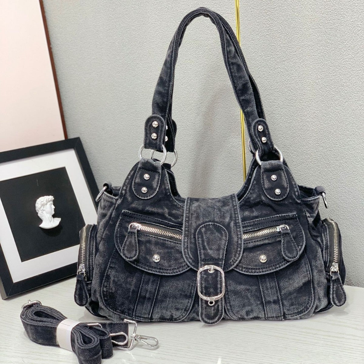 Vintage Washed Denim Underarm Crossbody Bag Large Capacity Tote teemdrop