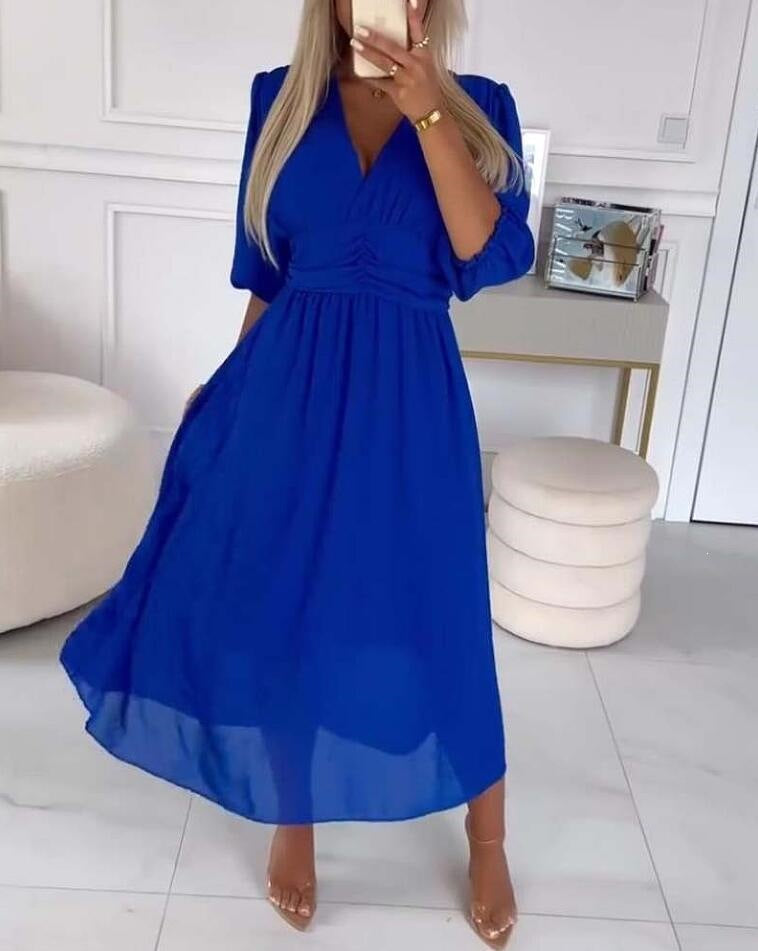 Women's Slim-Fit Flared Sleeve V-Neck Chiffon Mid-Length Dress