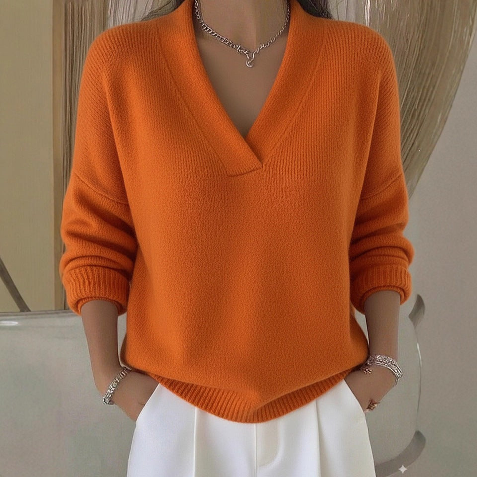 Women V-Neck Long Sleeve Loose Solid Color Knitted Pullover Sweater teemdrop
