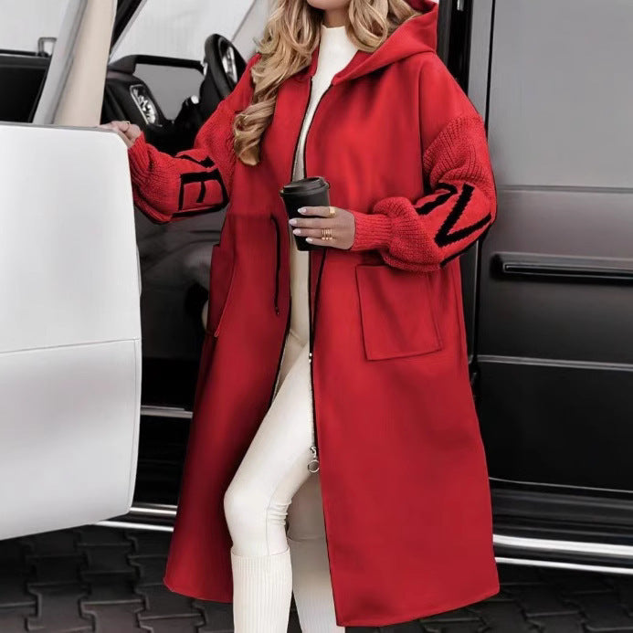 Women's Casual Hooded Long Patchwork Zip-Up Coat