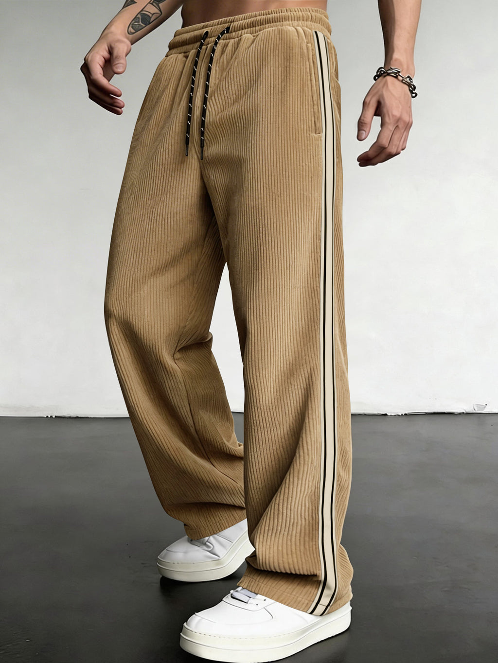 Men's Striped Corduroy Drawstring Straight-Leg Casual Pants teemdrop