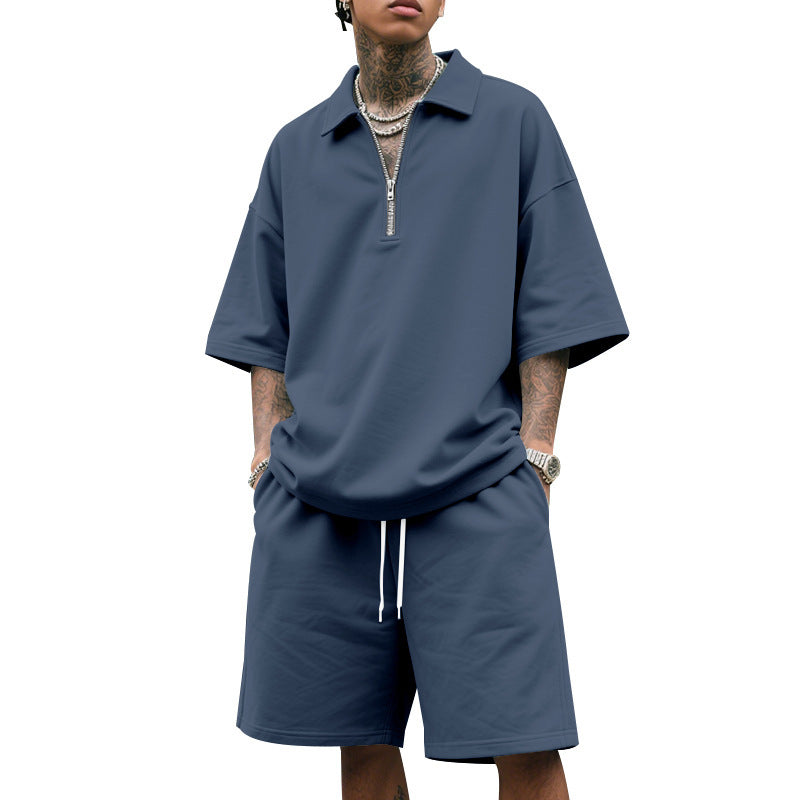 Men's two-piece short-sleeved zipper Polo shirt with shorts