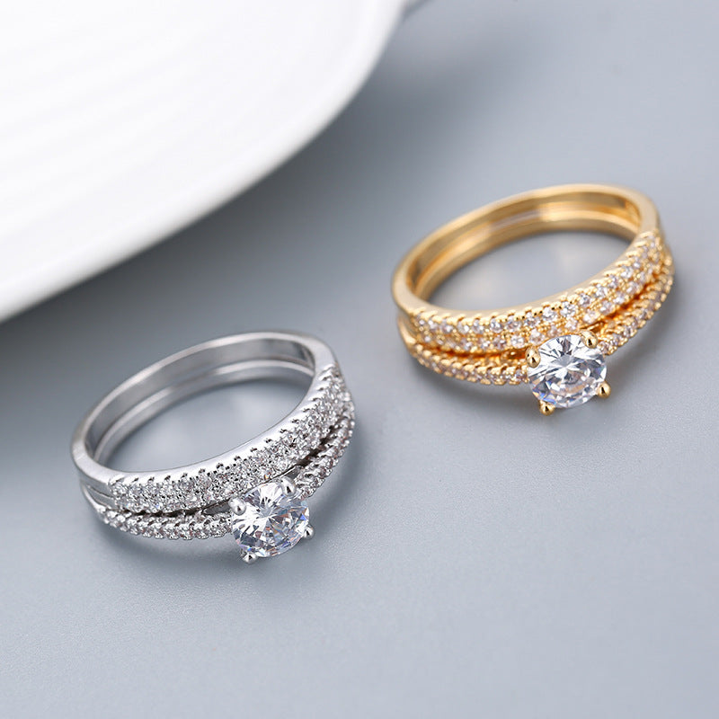 Geometric Zircon Couple Ring Set Gold Plated Copper Jewelry