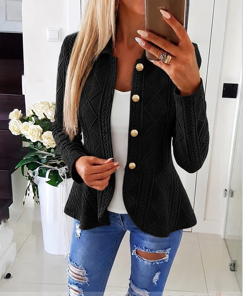 Women's Diamond Pattern Knit Cardigan with Ruffle Hem and Gold Buttons teemdrop