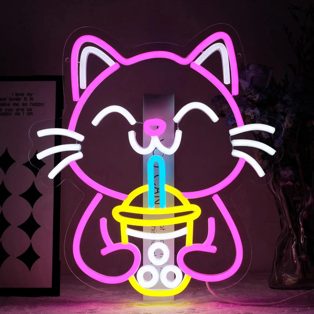 USB Dimmable LED Neon Sign, Cat Eating Noodles Light, Acrylic Animal Shaped Nightlight for Home Decor teemdrop
