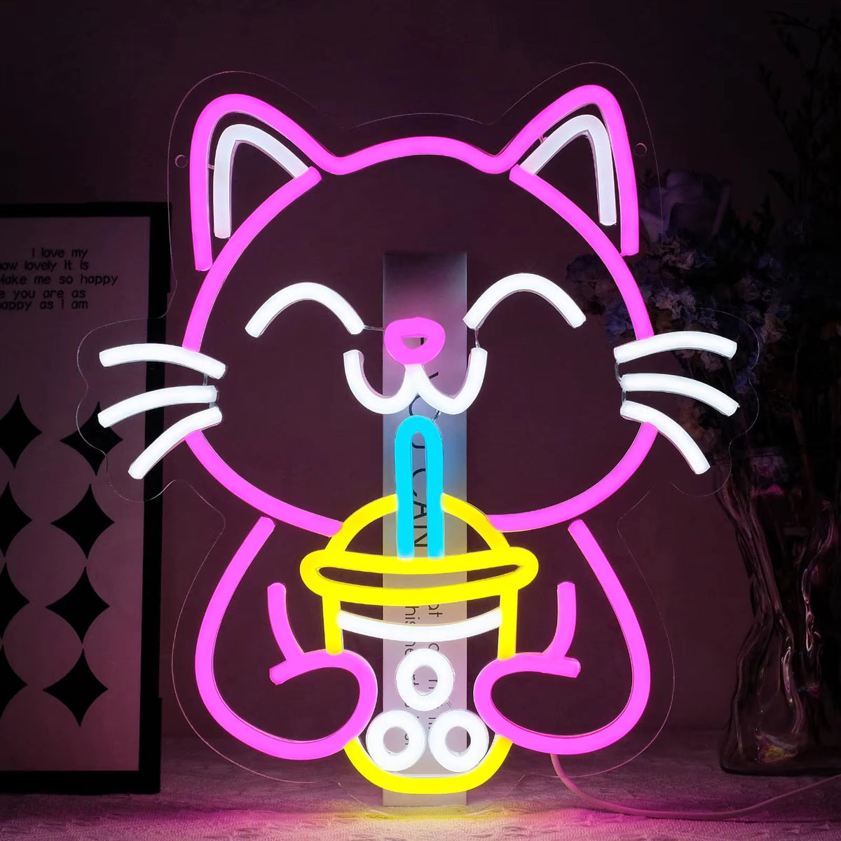 USB Dimmable LED Neon Sign, Cat Eating Noodles Light, Acrylic Animal Shaped Nightlight for Home Decor teemdrop