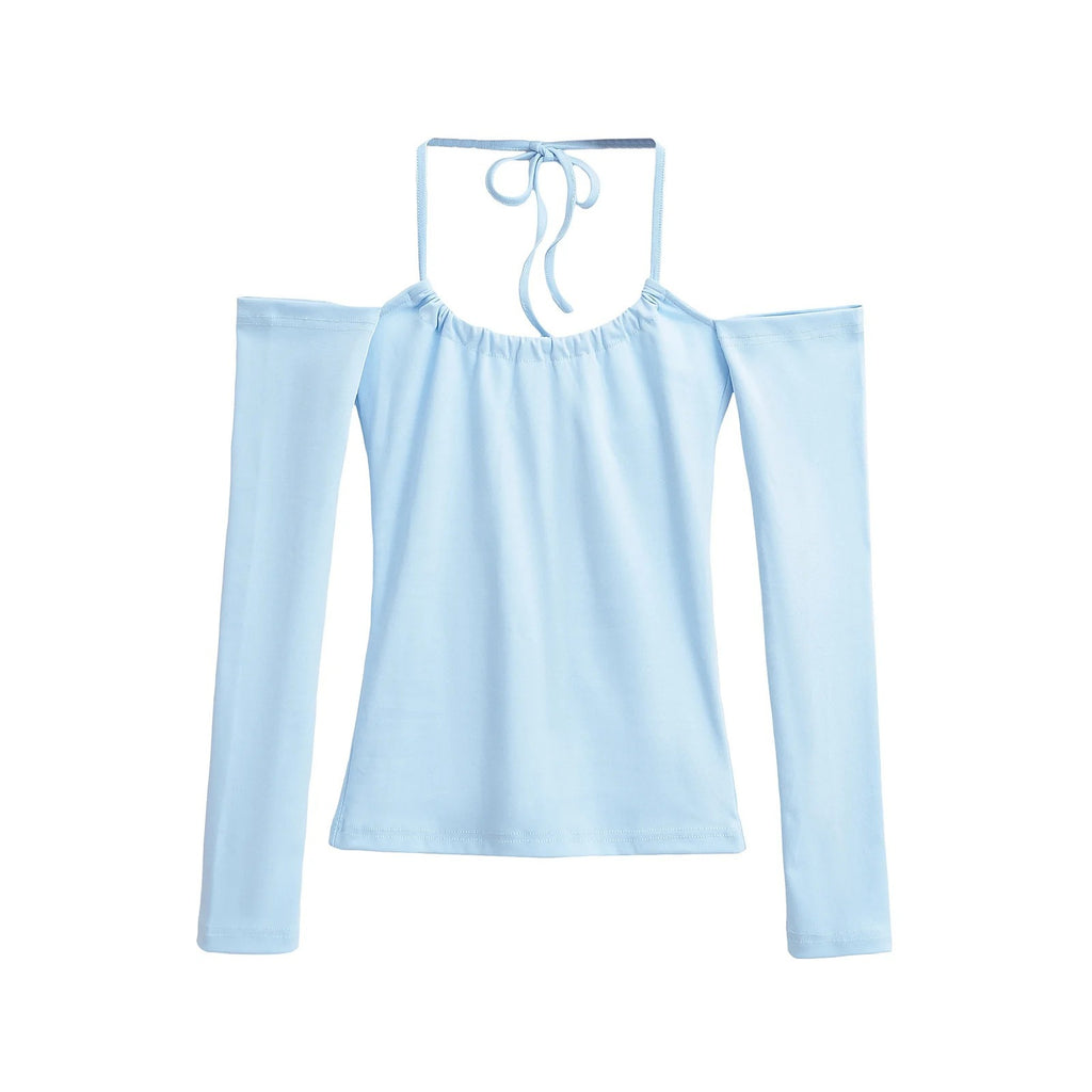 Off Shoulder Halter Neck Long Sleeve Crop Top teemdrop