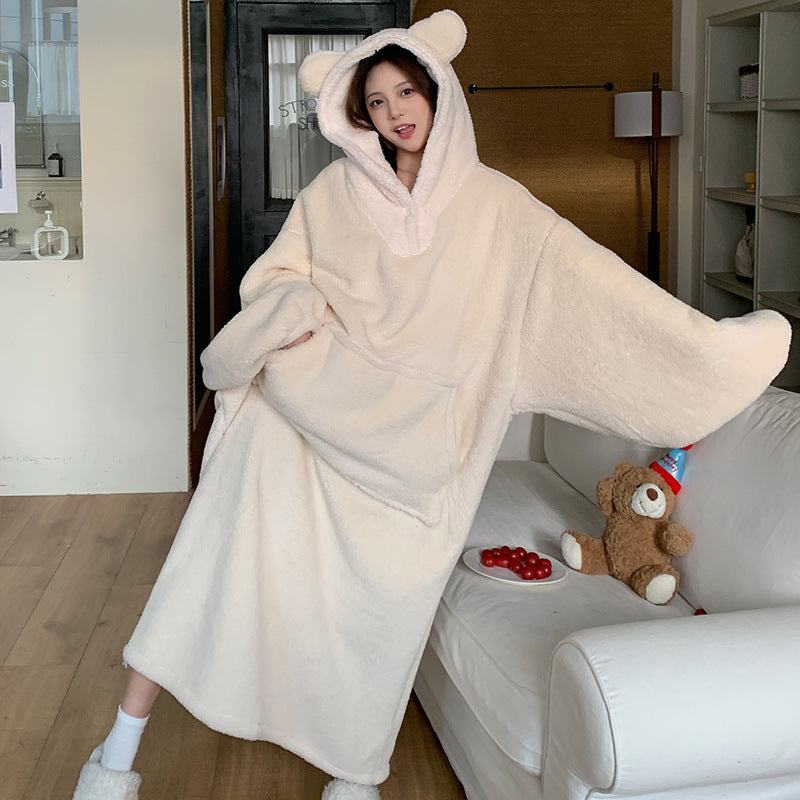 Women's Thickened Coral Fleece Hooded Nightgown Oversized Winter Warm Robe teemdrop