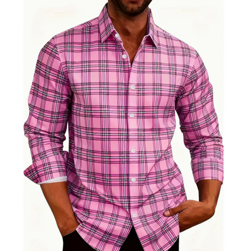 Men's American Retro Plaid Long Sleeve Shirt Casual Lapel Fitted Cardigan teemdrop