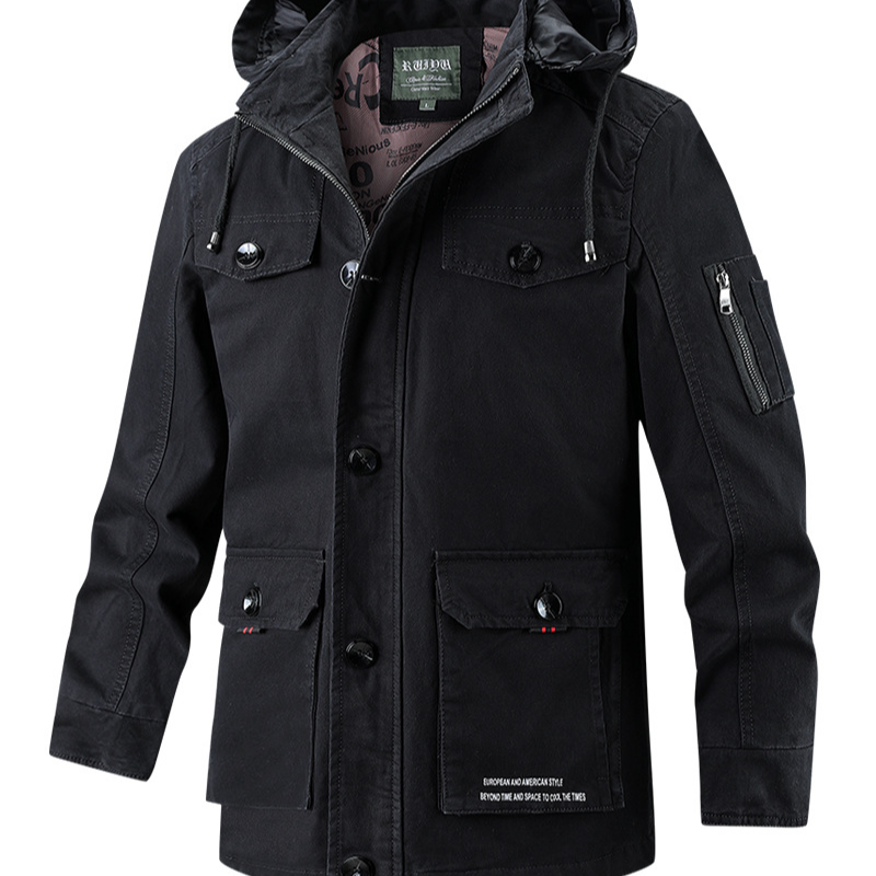 Men's cotton casual jacket with hood and stand-up collar, long and full-length coat