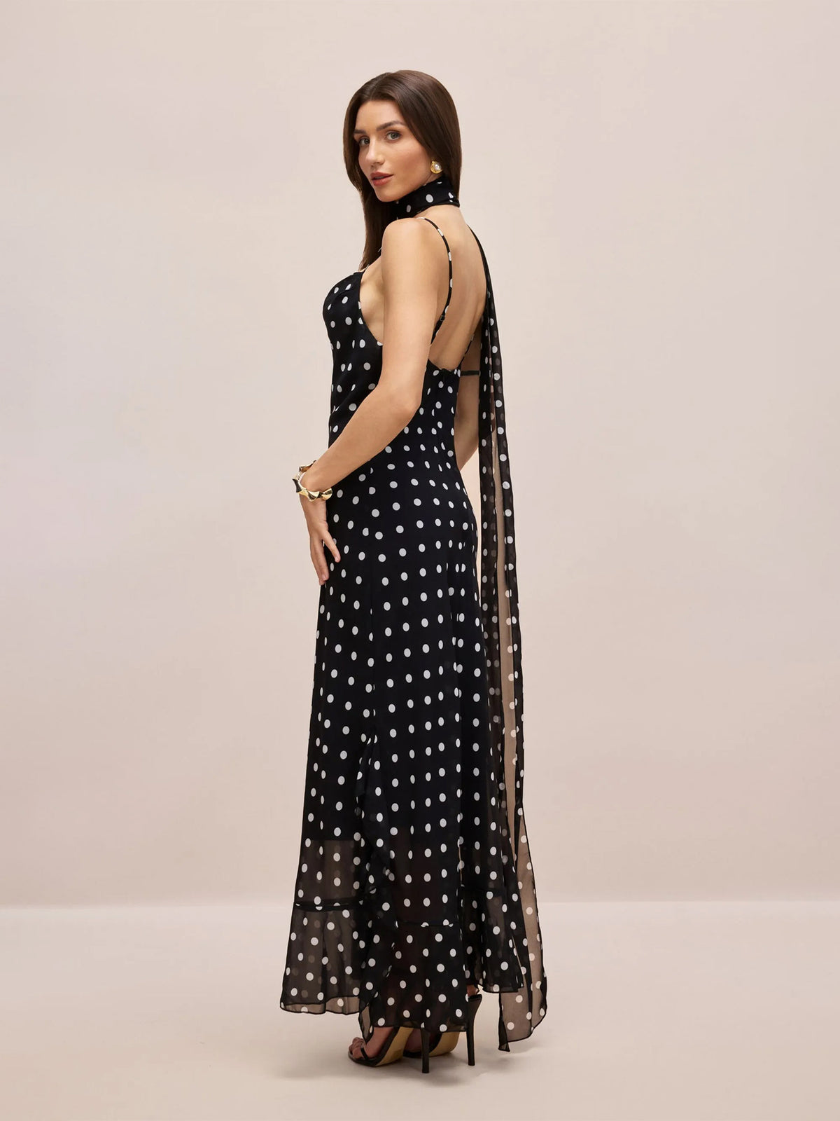 Women's Retro Polka Dot Ribbon Strap Slim Fit Long Dress teemdrop