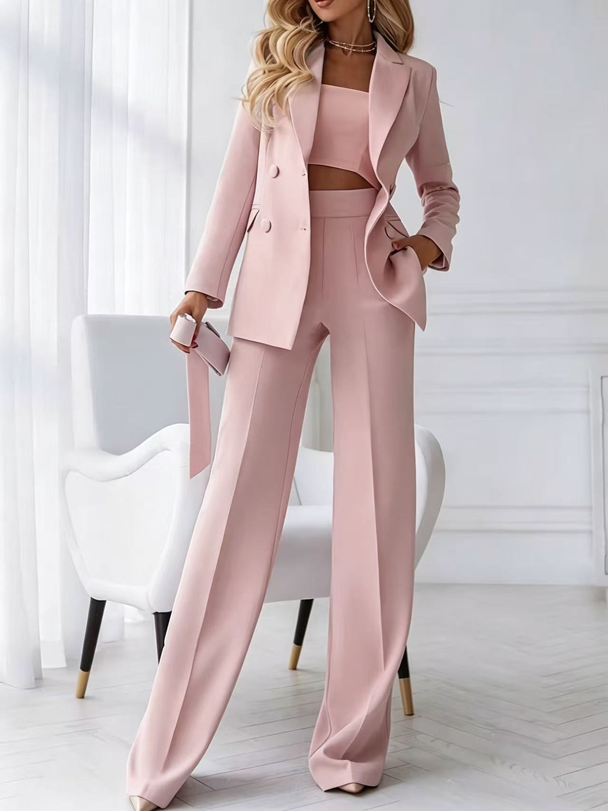 Womens Double-Breasted Blazer and Wide-Leg Pants Suit Set teemdrop